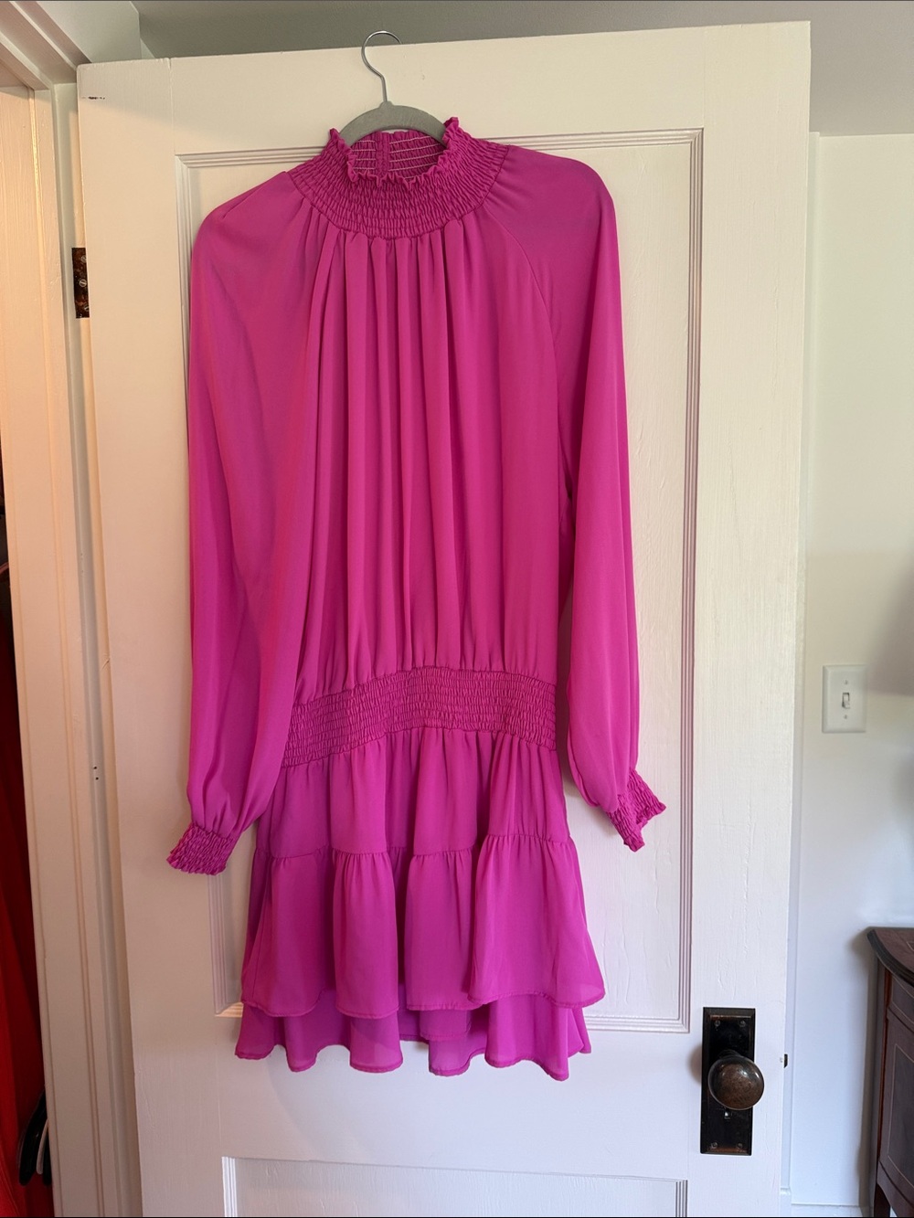 Women's Mini Dress - Fuchsia Pink Long Sleeve Smocked Waist